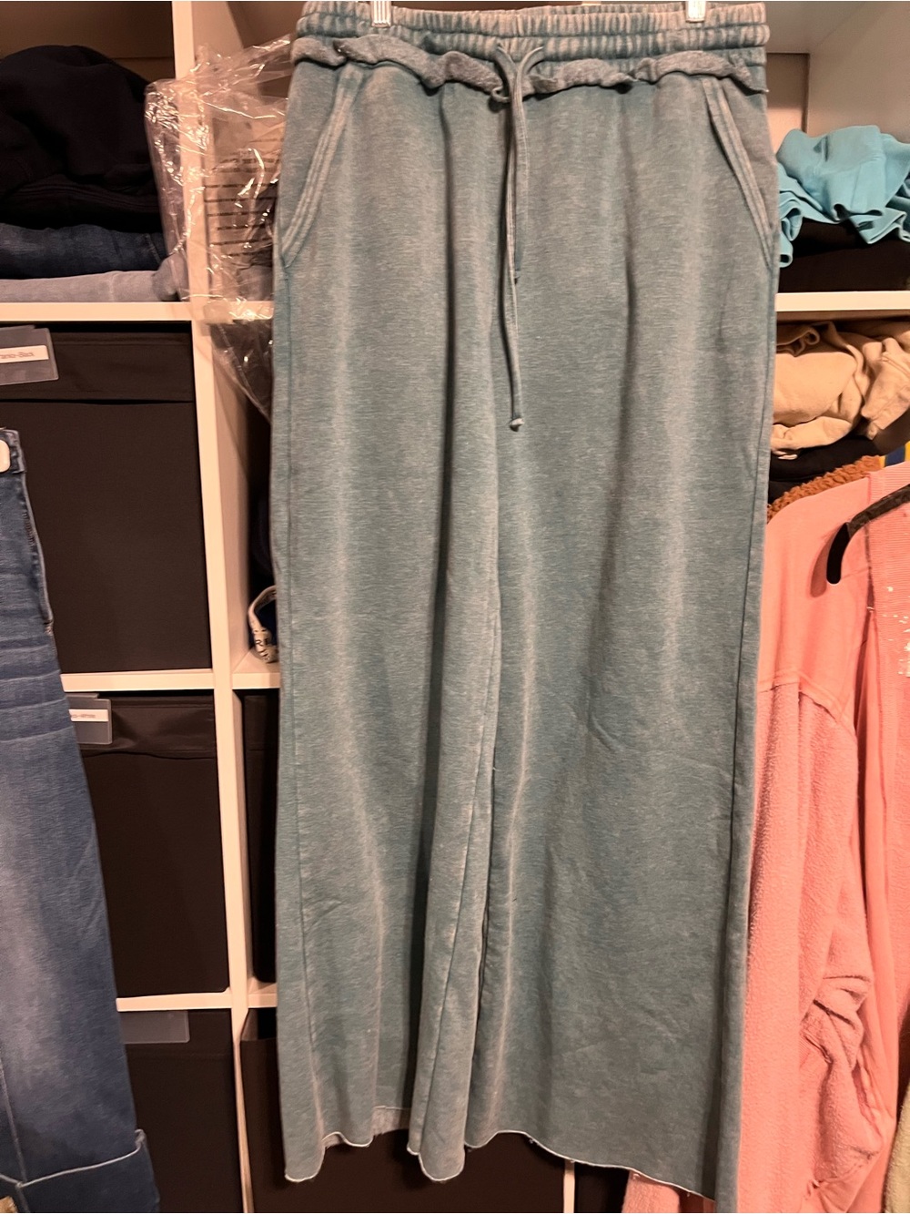 Zenana Outfitters Light Teal Wide-Leg Drawstring Jeans